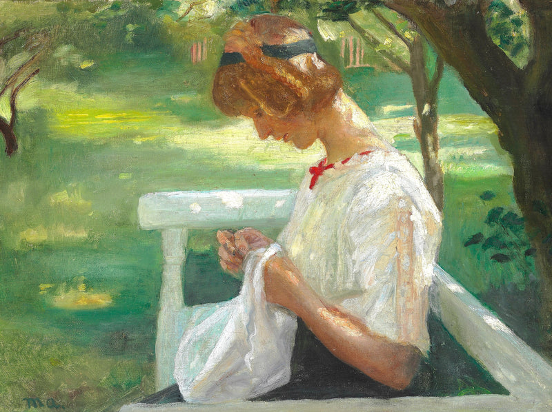 Ella Saxild ompelee puutarhassa kesäpäivänä. - Michael Peter Ancher