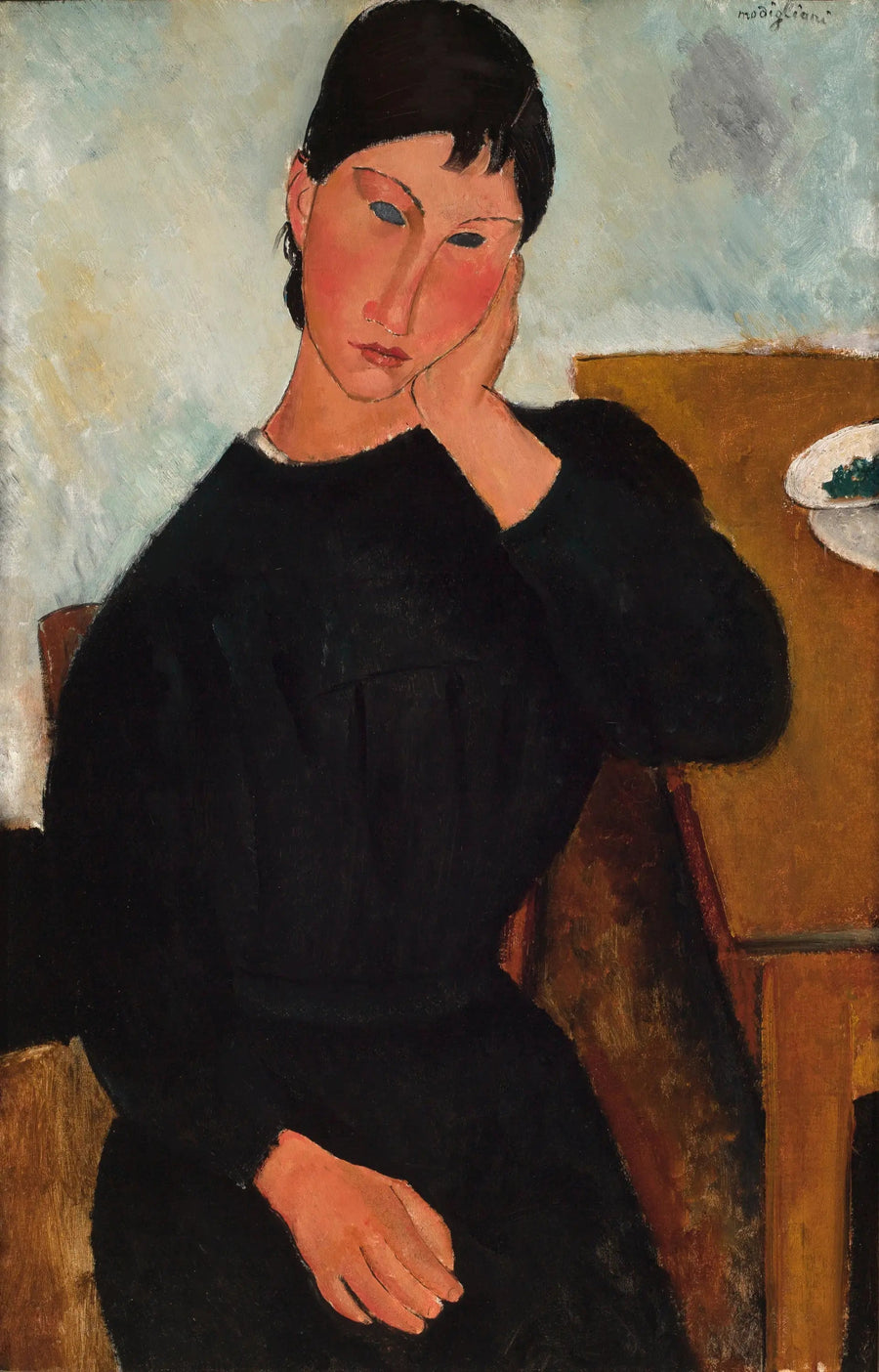 Elvire istuu, nojaten pöytään - Amedeo Modigliani