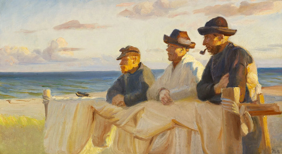 Päivän päätteeksi kolme kalastajaa nauttii auringon viimeisistä säteistä. - Michael Peter Ancher