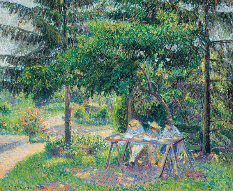Lapset istuvat pöydän ääressä puutarhassa, Éragny - Camille Pissarro