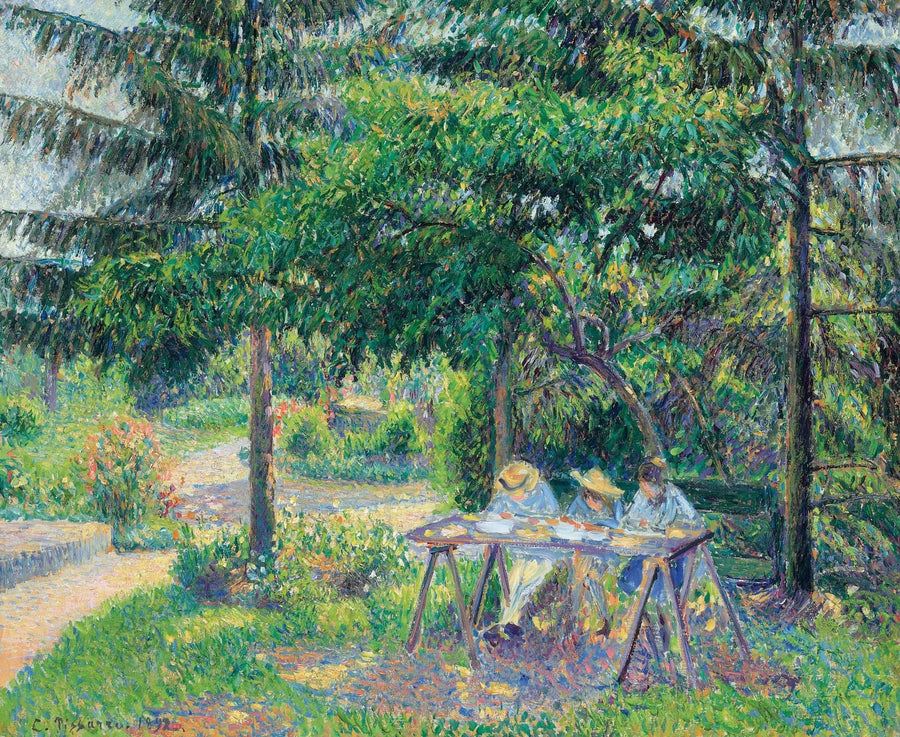 Lapset istuvat pöydän ääressä puutarhassa, Éragny - Camille Pissarro