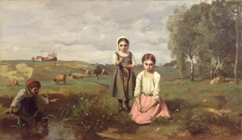 Lapset joen rannalla maaseudulla Lormesissa - Jean-Baptiste Camille Corot