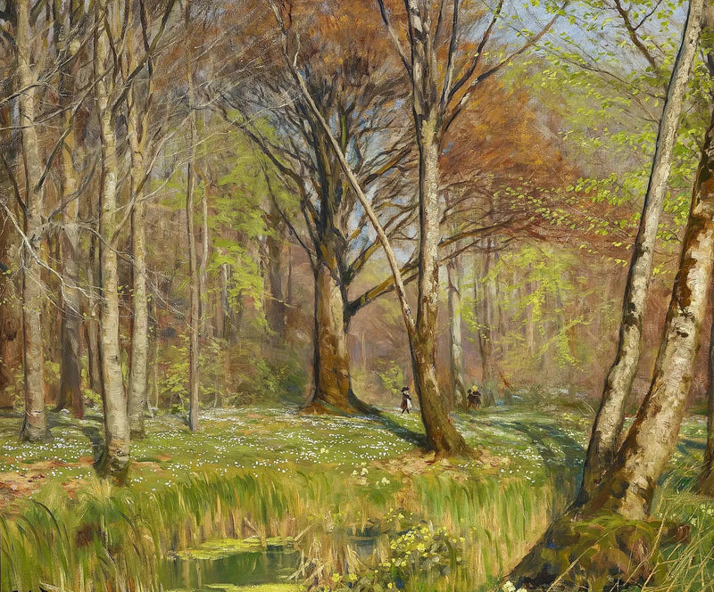 Lasten leikkiä metsässä keväällä. Anemonit kukkivat. - H. A. Brendekilde