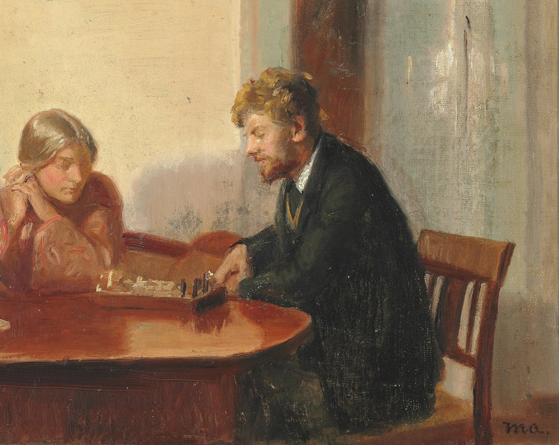 Engel Saxild ja Henry Madsen pelaavat shakkia Ancherin talossa. -Michael Peter Ancher