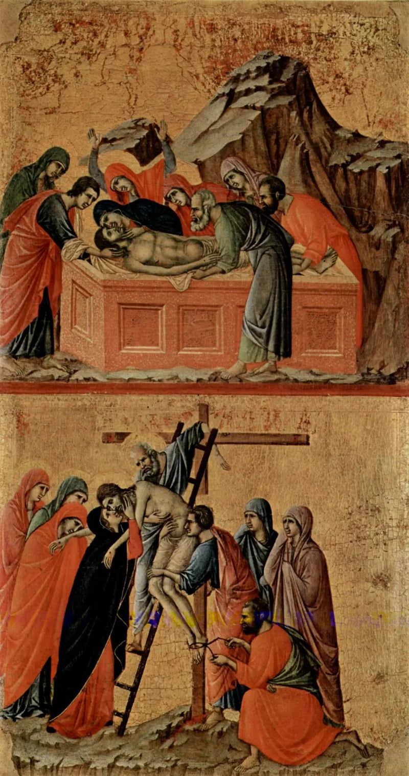 Kristuksen hautaaminen (ylhäällä) ; Ristiinlasku (alhaalla) - Duccio di Buoninsegna