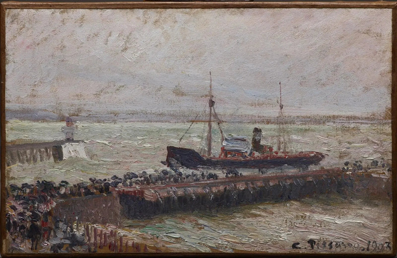 Le Havren sataman sisäänkäynti, pilvinen taivas - Camille Pissarro