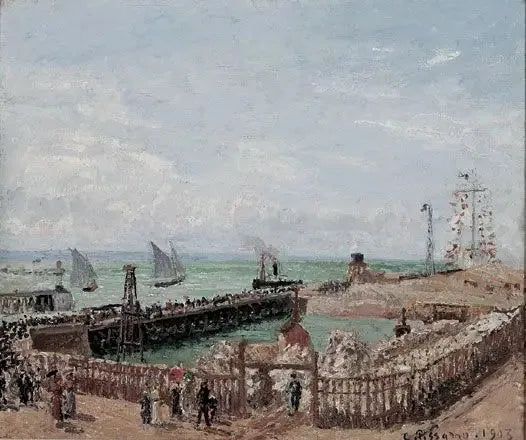 Le Havren satamaan tulo ja lännen aallonmurtaja, aurinko, aamu - Camille Pissarro