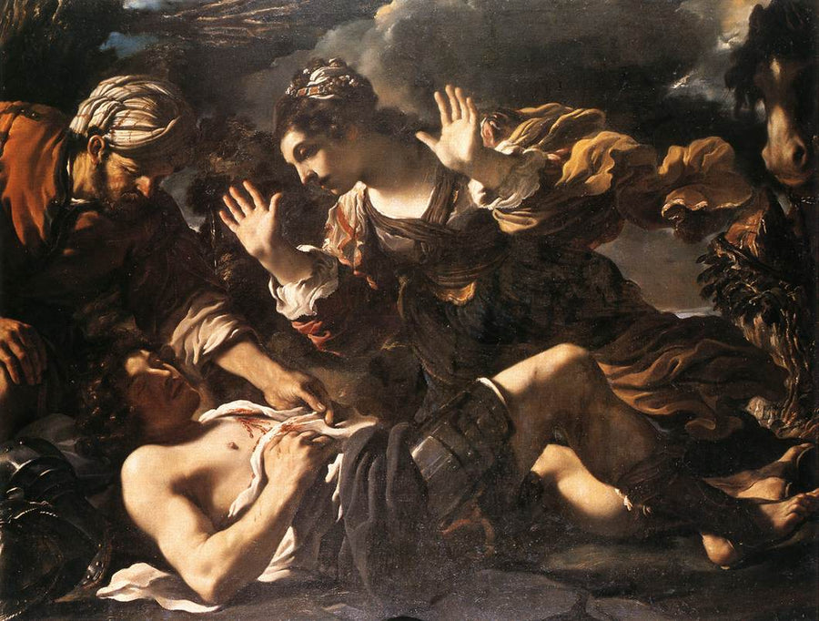 Erminia löytää Tancrèdein haavoittuneena - Guercino