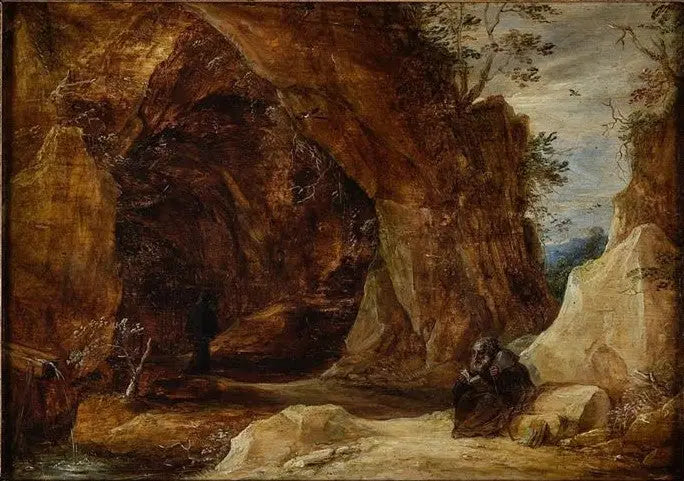 Istuva erakko kallion päällä luolan sisäänkäynnissä - David Teniers nuorempi