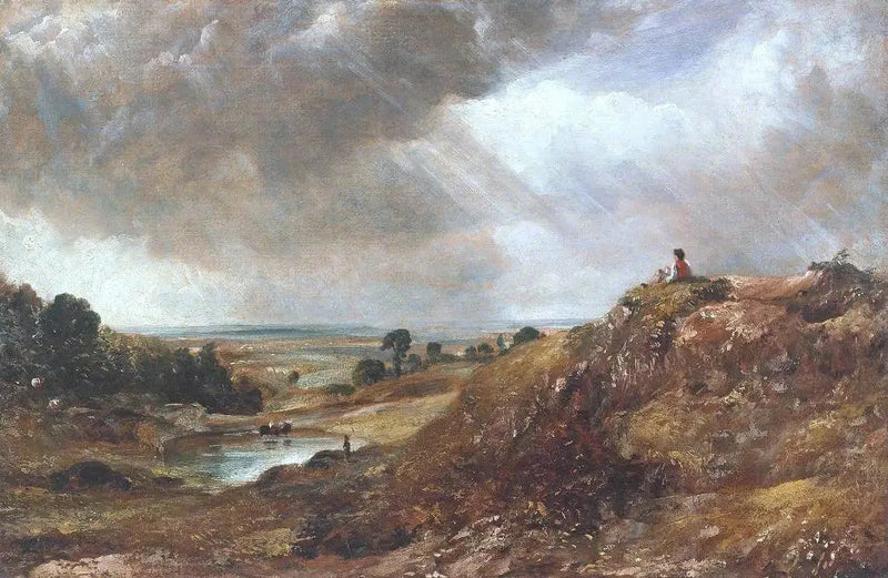 Branch Hill -järvi, Hampstead Heath, ja poika istumassa rannalla - John Constable