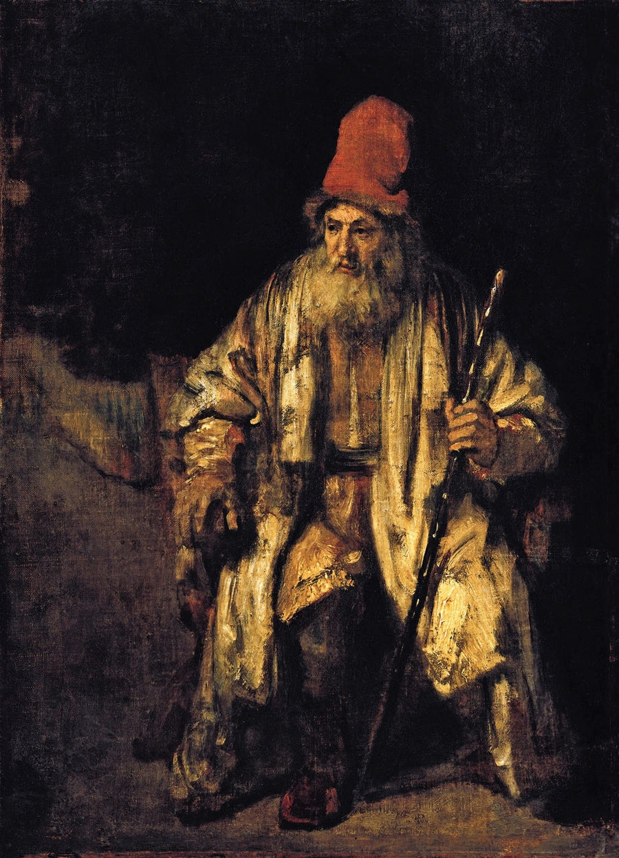 Vanhan miehen muotokuva istumassa punainen hattu päässään - Rembrandt