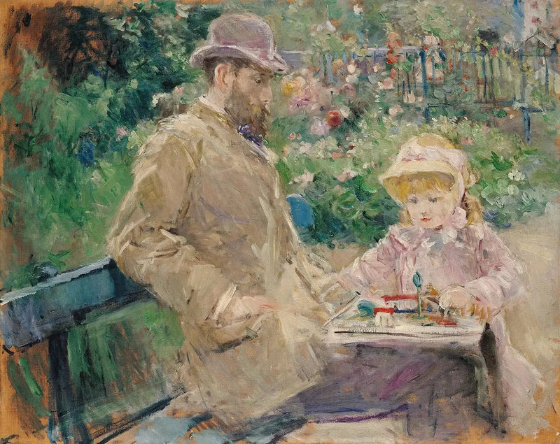 Eugène Manet ja hänen tyttärensä Bougivalin puutarhassa - Berthe Morisot