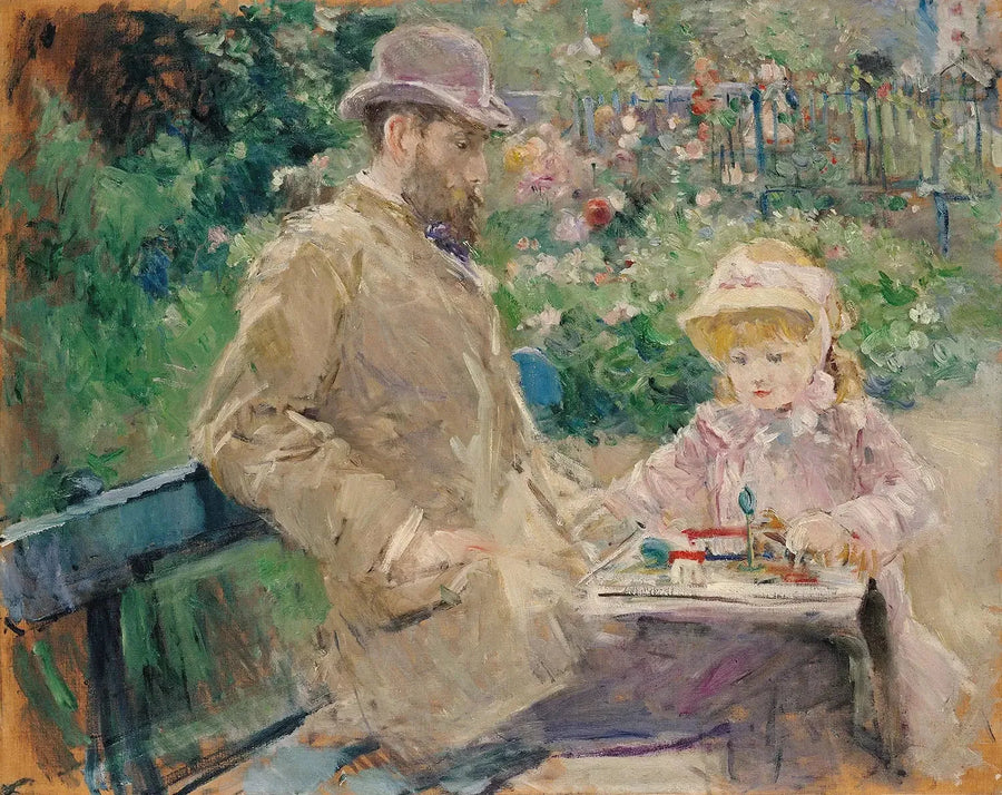 Eugène Manet ja hänen tyttärensä Bougivalin puutarhassa - Berthe Morisot