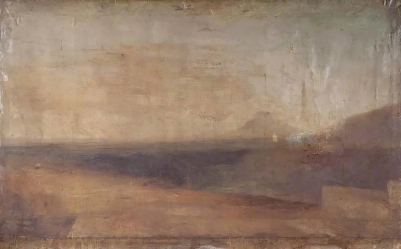 Laaja maisema joen tai suiston kanssa ja kaukainen vuori - J. M. W. Turner