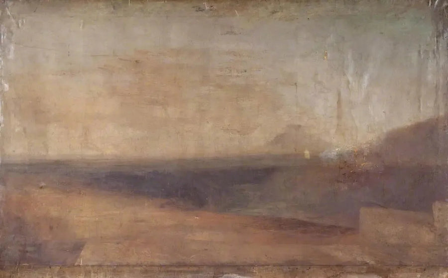 Laaja maisema joen tai suiston kanssa ja kaukainen vuori - J. M. W. Turner