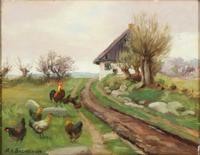 Maatilan ulkopuoli kanojen kanssa - H. A. Brendekilde