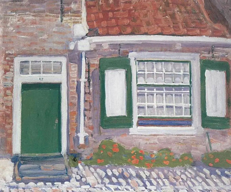 Vihreillä verhoilla varustettu talon julkisivu - Piet Mondrian