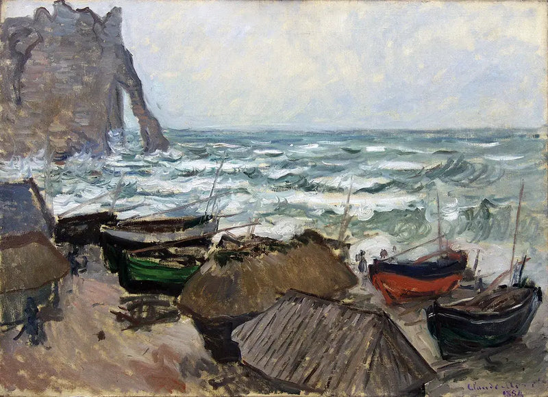 Kalliot ja veneet Étretatissa - Claude Monet