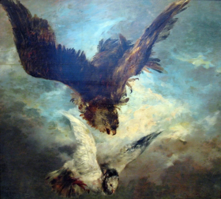 Peto hyökkäämässä kyyhkyä vastaan - Adolph von Menzel