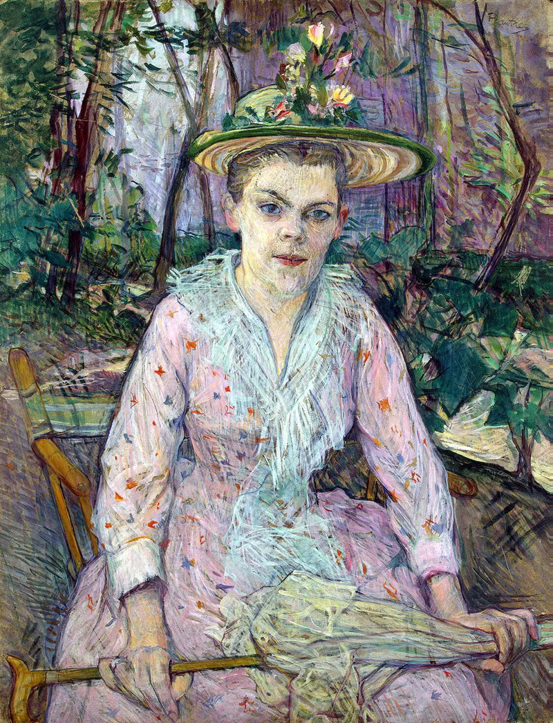 Nainen sateenvarjon kanssa, sanotaan Berthe la Sourde, istuu M. Forestin puutarhassa - Henri de Toulouse-Lautrec