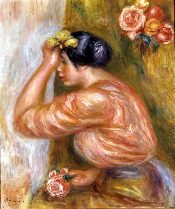 Ruusuinen nainen peilin edessä - Pierre-Auguste Renoir