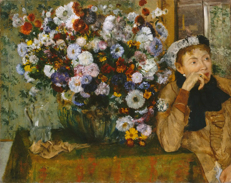 Nainen istuu kukkavaasin vieressä - Edgar Degas