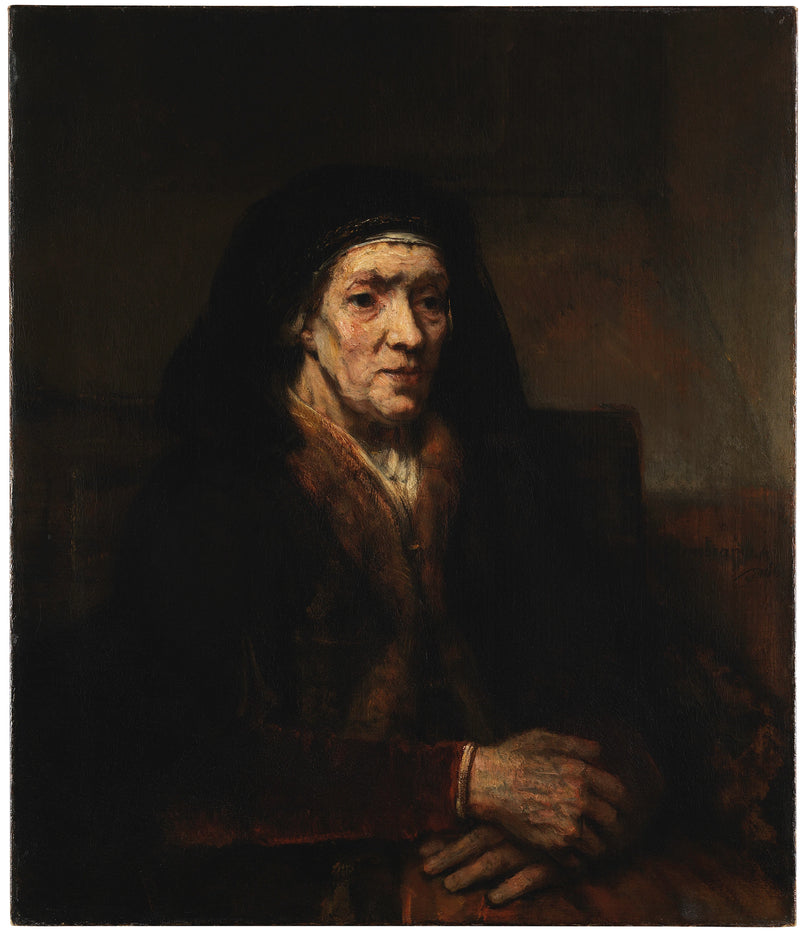 Vanhan naisen muotokuva istumassa, kädet ristissä - Rembrandt