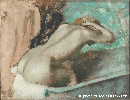 Nainen istuu kylpyammeen reunalla ja pyyhkii kaulaansa - Edgar Degas