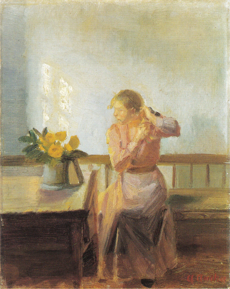 Nainen istuu ja letittää hiuksiaan - Anna Ancher
