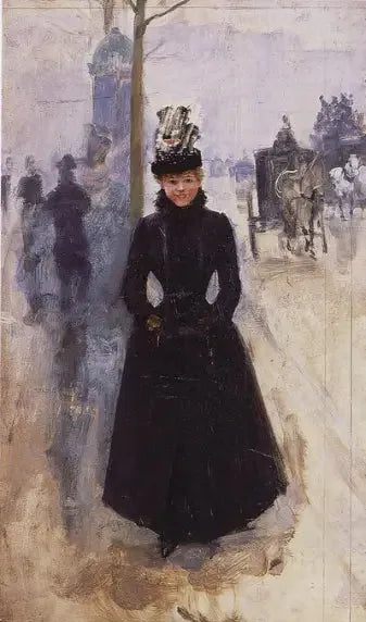 Nainen käsivartimaisella suojuksella suurilla bulevardeilla - Jean Béraud