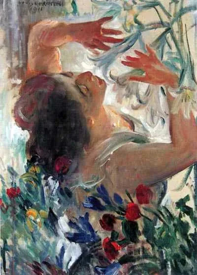 Nainen liljojen kanssa kasvihuoneessa - Lovis Corinth