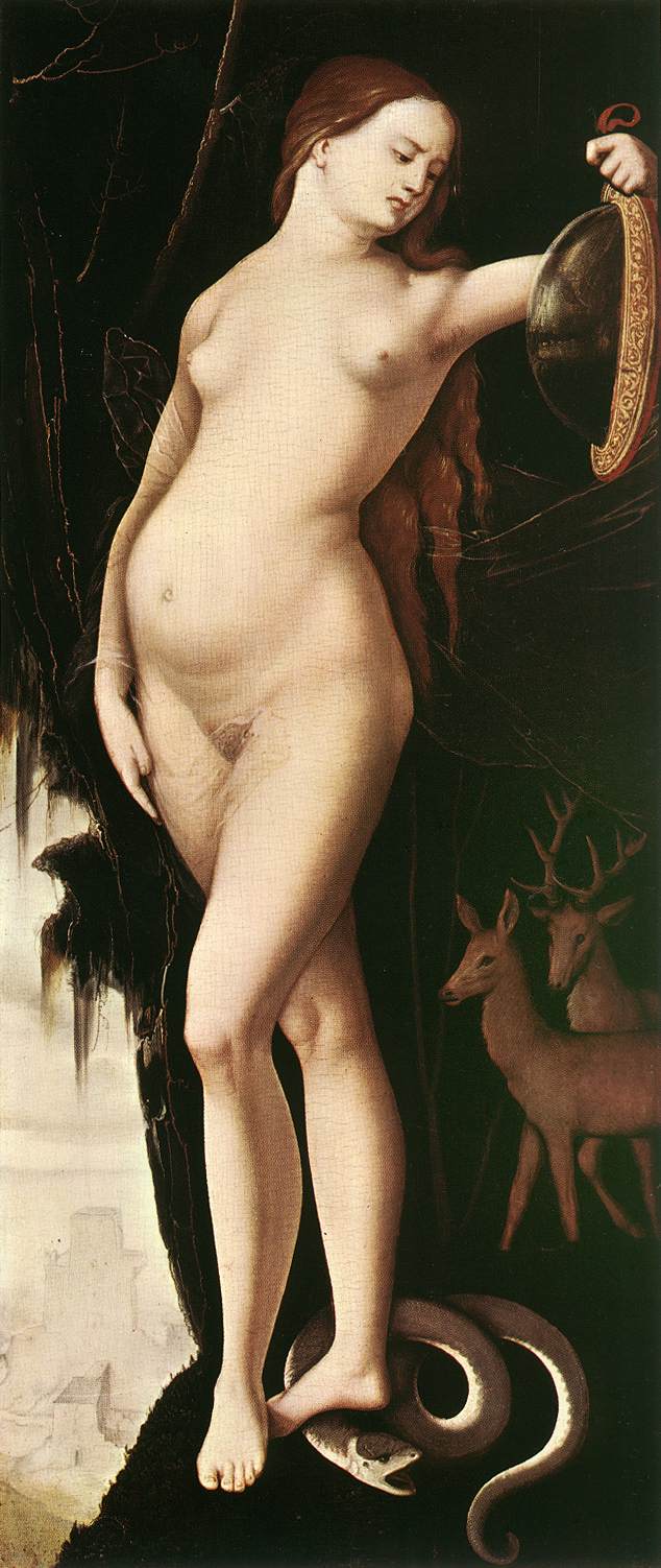 Nainen peilin, käärmeen, hirven ja koiran kanssa - Hans Baldung Grien