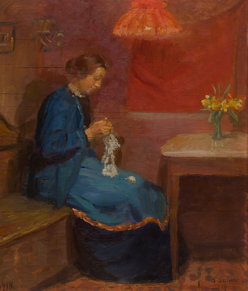 Nainen neulomistyönsä kanssa. - Anna Ancher