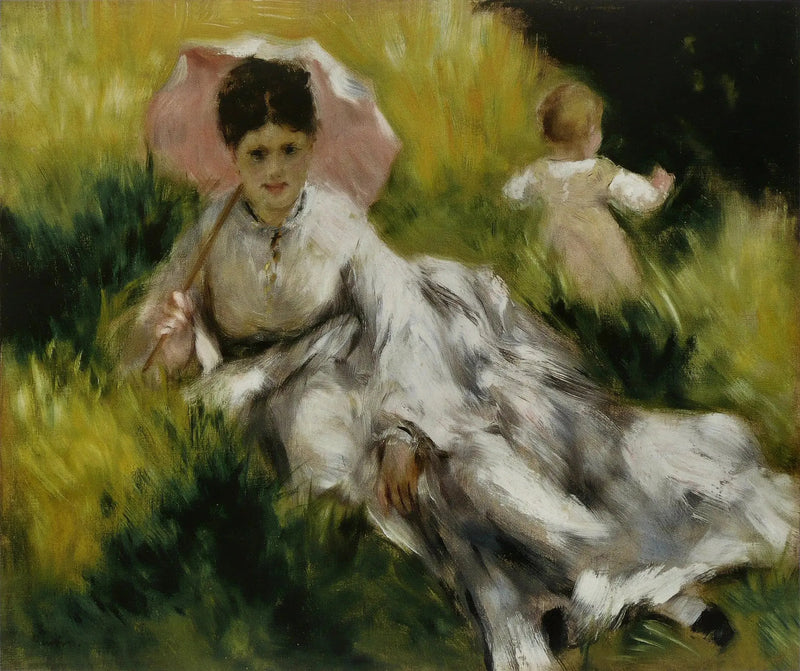 Nainen auringossa olevan kukkulan päällä, jossa on sateenvarjo ja pieni lapsi - Pierre-Auguste Renoir