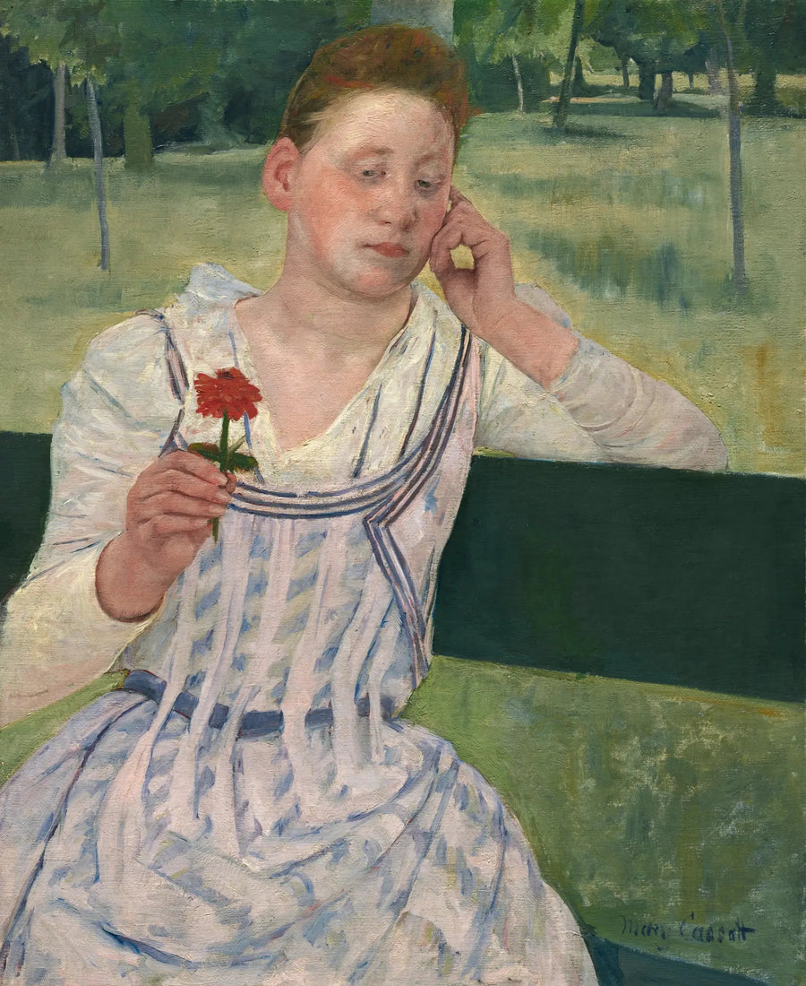 Nainen punaisen zinniankukan kanssa - Mary Cassatt
