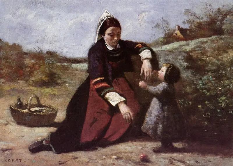 Brettonainen nainen ja hänen pieni tyttärensä - Jean-Baptiste Camille Corot