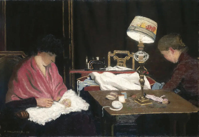 Nainen, vaaleanpunainen huivi, serkku lamppuun - Félix Vallotton