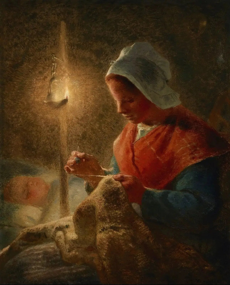 Nainen ompelee lamppujen valossa - Jean-François Millet