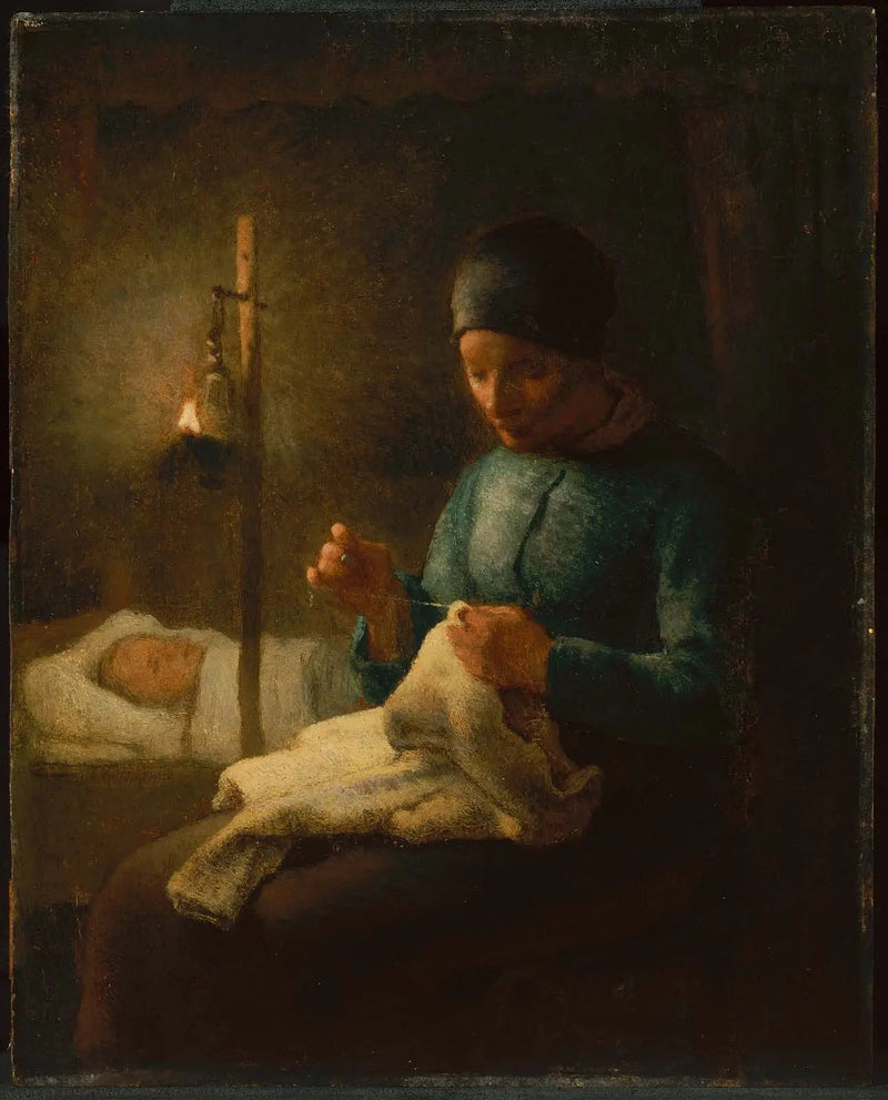 Nainen ompelemassa vieressään nukkuvaa lastaan - Jean-François Millet