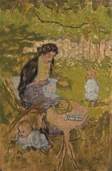 Nainen ompelemassa puutarhassa (lasten kanssa) - Pierre Bonnard