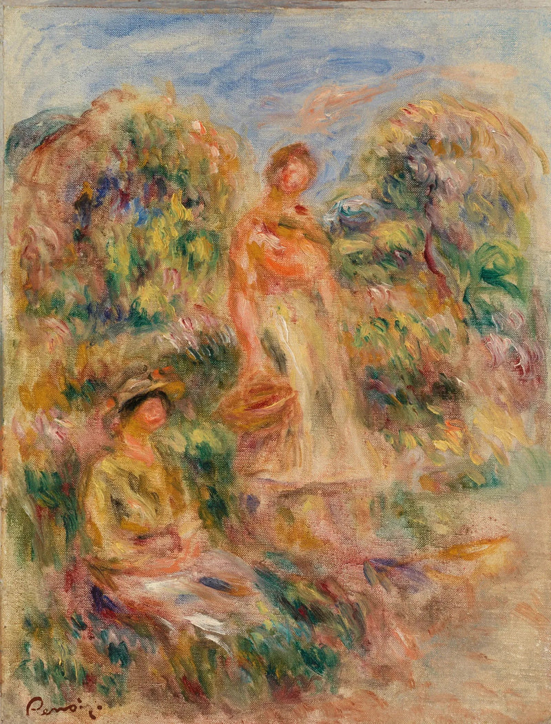 Seisova nainen ja istuva nainen maisemassa - Pierre-Auguste Renoir