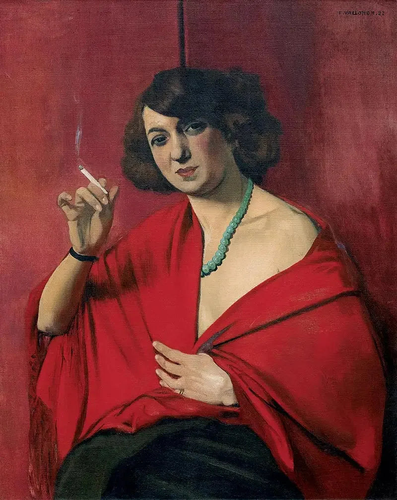 Nainen punaisessa kankaassa, joka pitää savuketta - Félix Vallotton
