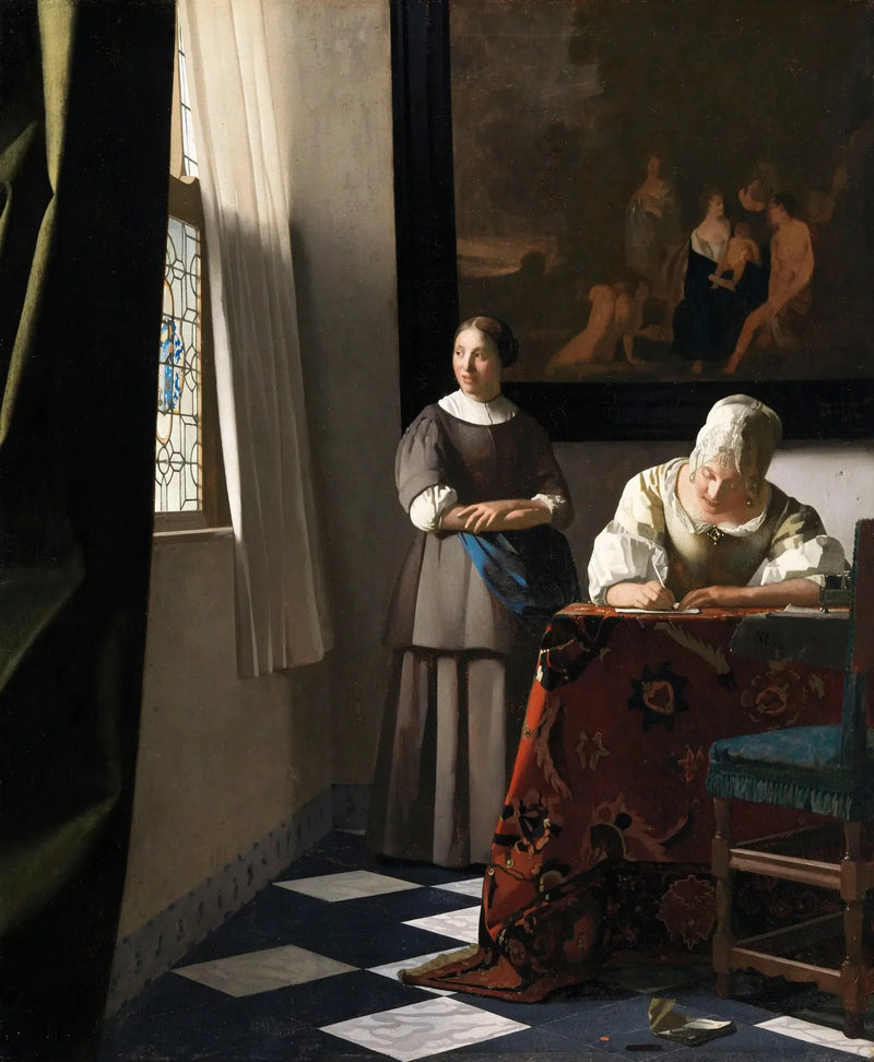 Nainen kirjoittamassa kirjettä ja hänen palvelijansa - Johannes Vermeer
