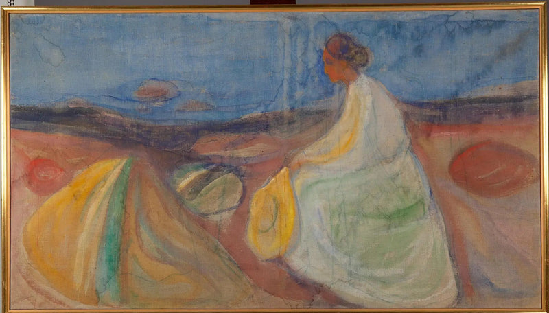 Nainen valkoisessa istumassa rannalla - Edvard Munch
