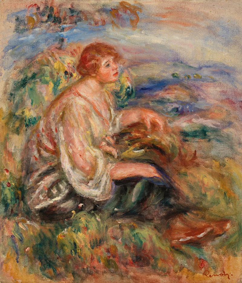 Tyllipaidassa ja mustassa hameessa oleva nainen maisemassa - Pierre-Auguste Renoir