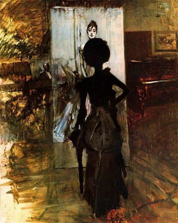 Nainen mustissa katsomassa « Valkoinen pastelli » - Giovanni Boldini