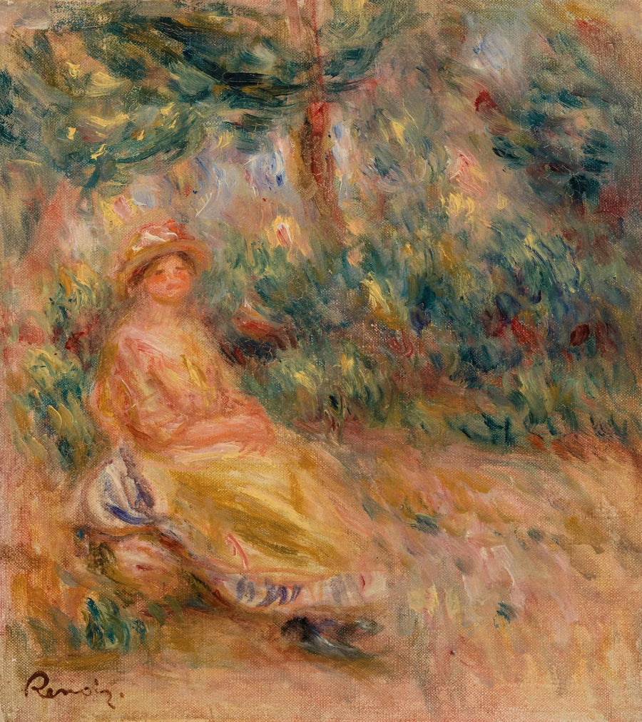 Nainen vaaleanpunaisessa ja keltaisessa maisemassa - Pierre-Auguste Renoir