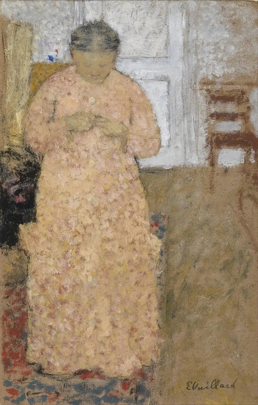 Nainen neulomassa vaaleanpunaisessa - Édouard Vuillard