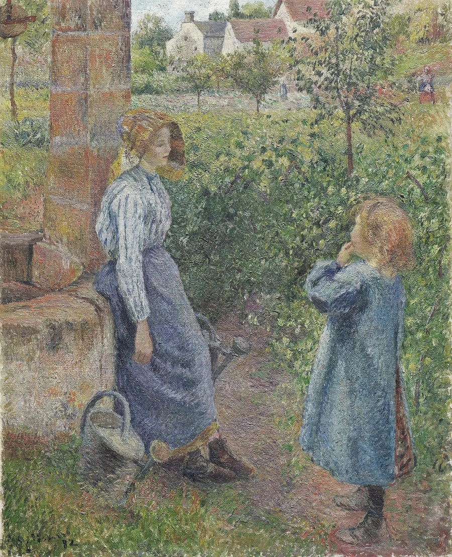 Nainen ja lapsi kaivolla - Camille Pissarro