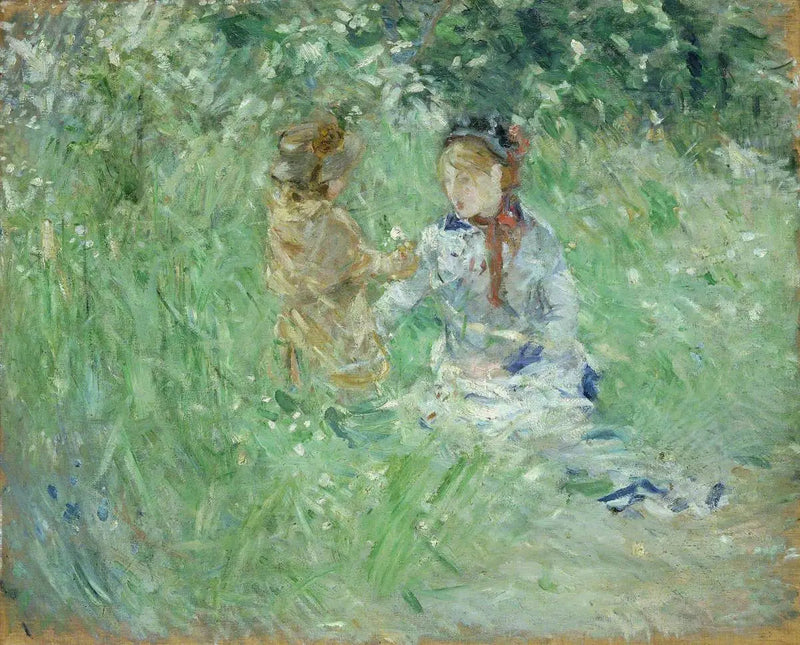 Nainen ja lapsi niityllä Bougivalissa - Berthe Morisot
